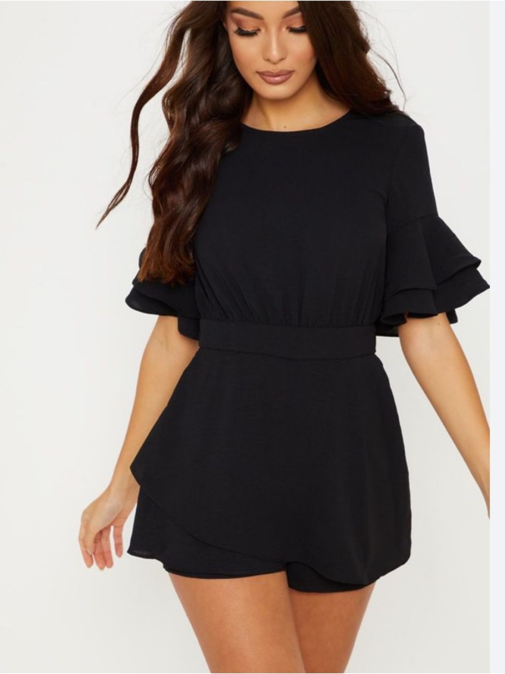 PRETTYLITTLETHING Black Tiered Ruffle Sleeve Open Back Romper Playsuit Size 12